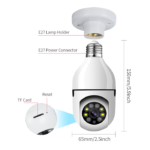 "360° WiFi 1080p Bulb Camera with night vision, motion detection, and wireless connectivity for home security and surveillance."