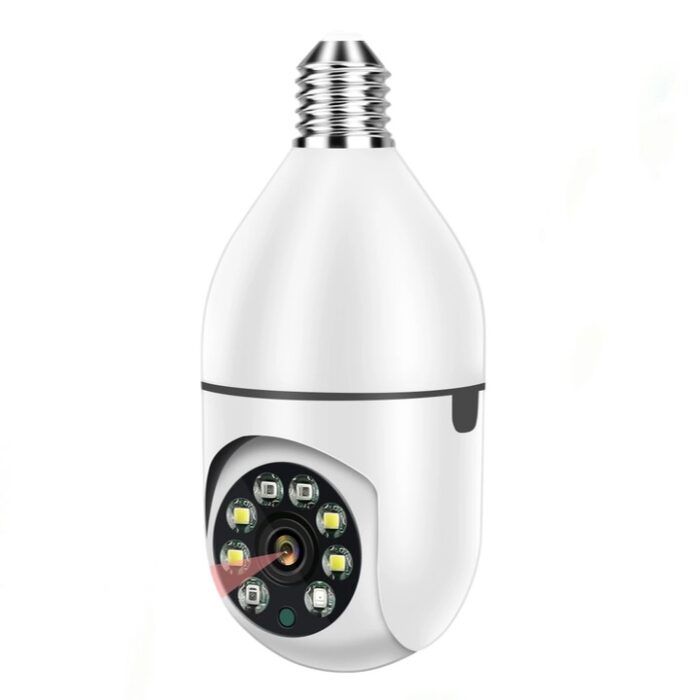 "360° WiFi 1080p Bulb Camera with night vision, motion detection, and wireless connectivity for home security and surveillance."