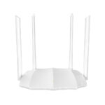 Front view of Tenda AC5 AC1200 Dual Band Wi-Fi Router with 4 external antennas, designed for high-speed internet and secure wireless connections.