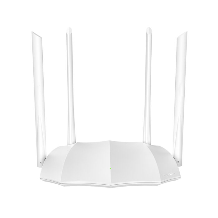 Front view of Tenda AC5 AC1200 Dual Band Wi-Fi Router with 4 external antennas, designed for high-speed internet and secure wireless connections.