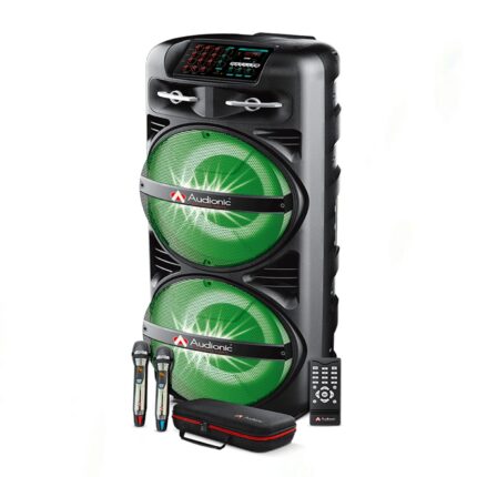 Audionic Mehfil MH-5050 15"x2 Tower Speaker with Bluetooth, wireless mics, RGB lights, FM radio, and 1500W output.