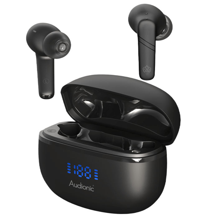 Audionic Airbud 500 Wireless Earbuds with Bluetooth 5.3, IPX54 waterproof rating, touch control, gaming mode, and superior sound quality.