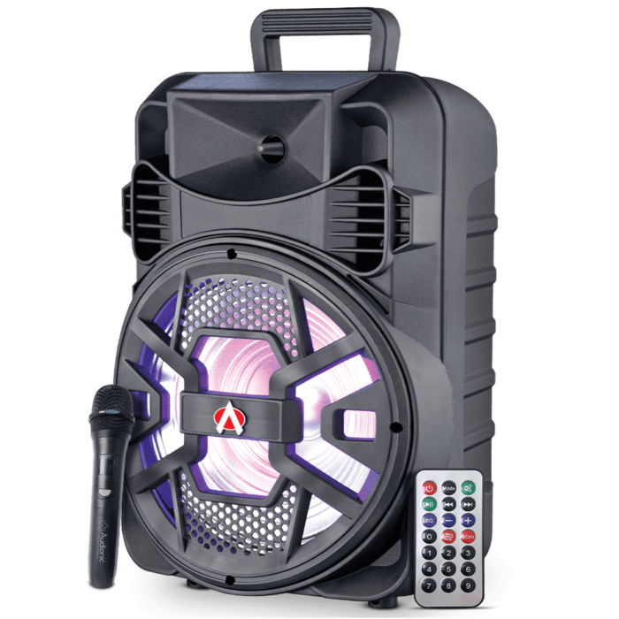 Audionic Mehfil MH-703 Portable Speaker with Bluetooth, wireless mic, karaoke port, RGB lights, and 20W output for immersive sound.