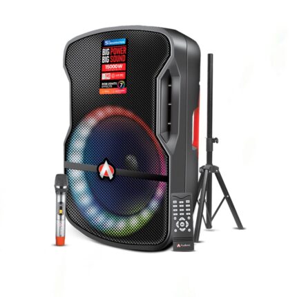 Audionic Mehfil MH-817 Trolley Speaker with 15-inch woofer, Bluetooth, TWS, echo effect, and LED display for powerful sound.