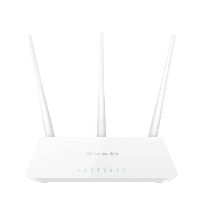 Front view of Tenda F3 300Mbps Wireless Router with 3 external antennas, designed for fast and reliable Wi-Fi coverage throughout your home.