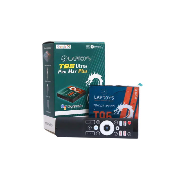 "Laptoys T95 Ultra Pro Max Plus Smart Box with 8K streaming, Android 12, Bluetooth 5.2, and Google Assistant for seamless entertainment."