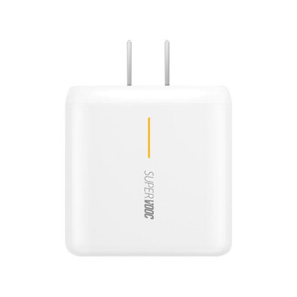 Oppo 65W Super VOOC Charger with Type A to Type C connector, compact design for fast and efficient charging.