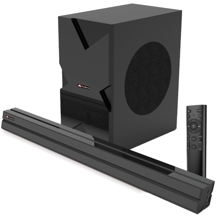 Audionic Prism 800 Soundbar with 6.5" subwoofer, Bluetooth V 5.0, surround sound, HDMI ARC, LED display, remote control, and multiple input options.