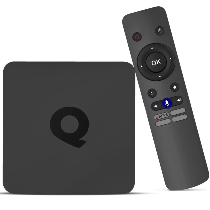 "Q1 Android Smart TV Box with 4K streaming, voice control, and Google Assistant for enhanced entertainment."
