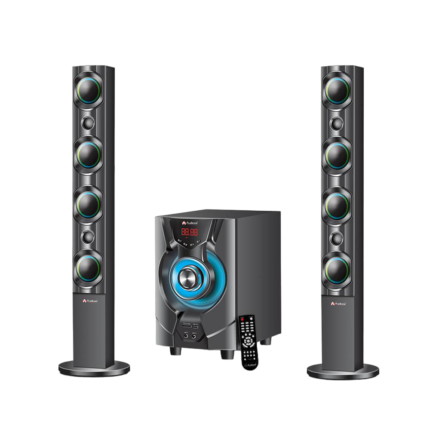 Audionic REBORN RB-110 2.1 speaker with 8" subwoofer, Bluetooth, fusion lights, FM radio, and USB/SD support.