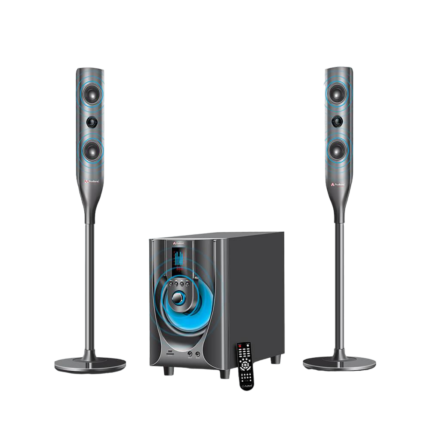 Audionic REBORN RB-95 2.1 Channel Multimedia Speaker with Bluetooth, subwoofer, FM radio, Fusion lights, and karaoke features.