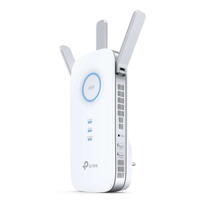 TP-Link RE450 AC1750 Wi-Fi Range Extender with dual band support, three antennas, and gigabit Ethernet port for extended Wi-Fi coverage.