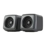 Kisonli A-303S Mini USB 2.0 Speaker with 3W x 2 power, stereo sound, 20Hz-20kHz response, USB powered, and 3.5mm audio input. Compact design.