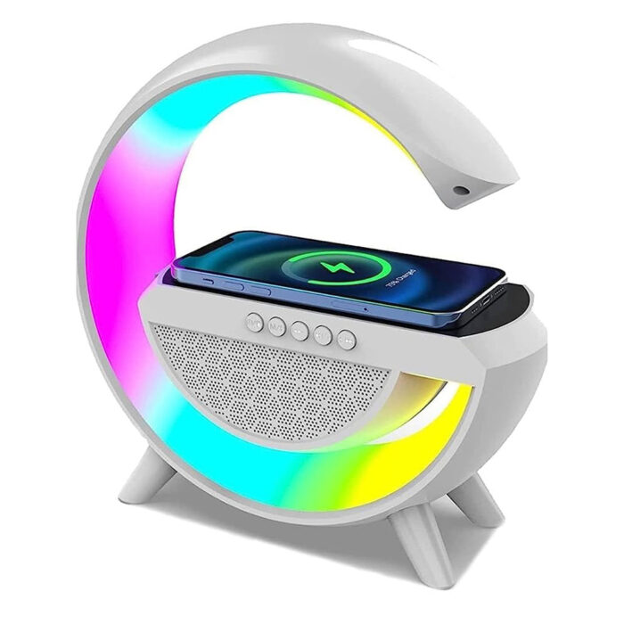 BT 2301 LED Wireless Charging Speaker with 10W output, Bluetooth 5.0, wireless charging, LED light modes, and up to 8 hours of playtime.