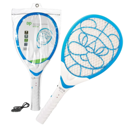 "DP Rechargeable Insect Killer Racket with high-voltage grid, ergonomic handle, and LED indicator for eco-friendly insect control."