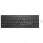 HP 230 Wireless Keyboard in black, featuring 104 keys, 2.4 GHz wireless connection, long battery life, and secure, comfortable typing experience.