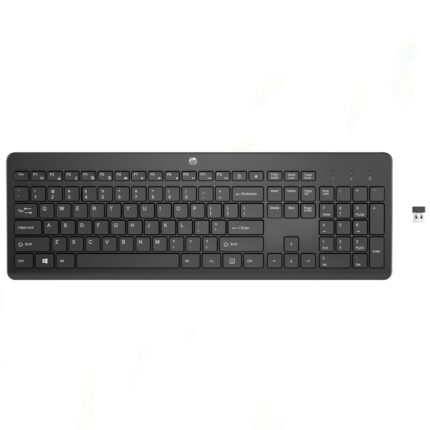 HP 230 Wireless Keyboard in black, featuring 104 keys, 2.4 GHz wireless connection, long battery life, and secure, comfortable typing experience.