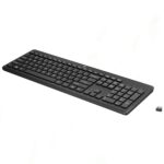 HP 230 Wireless Keyboard in black, featuring 104 keys, 2.4 GHz wireless connection, long battery life, and secure, comfortable typing experience.