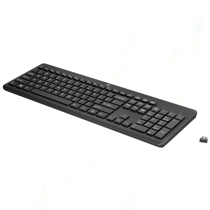 HP 230 Wireless Keyboard in black, featuring 104 keys, 2.4 GHz wireless connection, long battery life, and secure, comfortable typing experience.