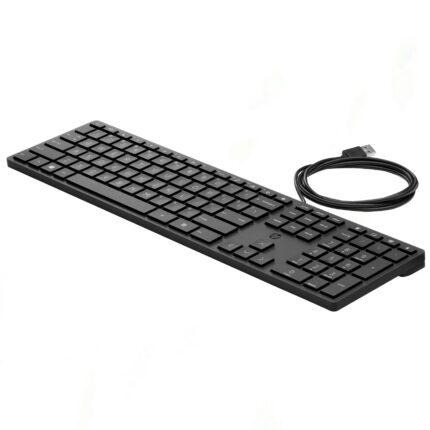 HP Wired Desktop 320K Keyboard with USB connection, QWERTY layout, black color, and LED indicators for desktop and laptop use.