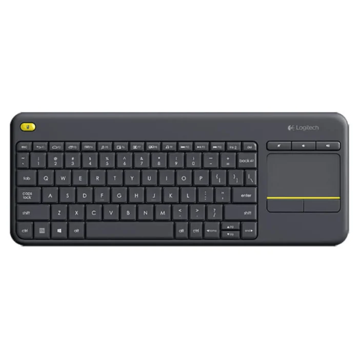 Logitech K400 Plus Wireless Touch Keyboard with integrated touchpad, compact design, and long battery life for easy wireless control of devices.