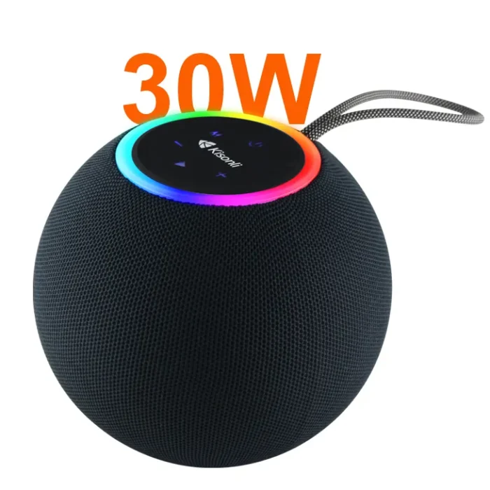 Kisonli K6 30W Portable Bluetooth Speaker with 5.3 Bluetooth, 4000mAh battery, 6-10 hours playtime, TF card/USB/AUX support, and stereo sound.