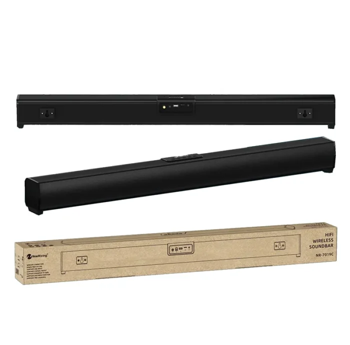NewRixing NR-7019 Soundbar with 20W x 2 + 5W x 2 output, Bluetooth V5.3, 1500mAh battery, TWS connection, and multiple input options.