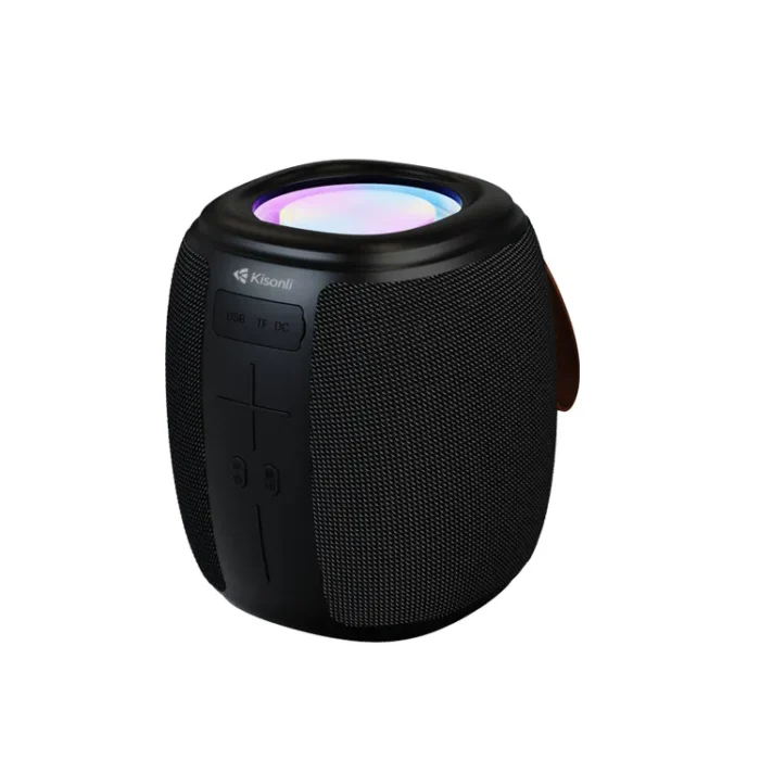 Kisonli Q16 RGB Bluetooth Speaker with 5W output, Bluetooth 5.0, 1200mAh battery, RGB lights, and multiple playback modes.