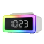 Kisonli Q6E Wireless Charging Bluetooth Speaker with 10W output, Bluetooth 5.3, 2400mAh battery, wireless charging, and versatile play modes in white.