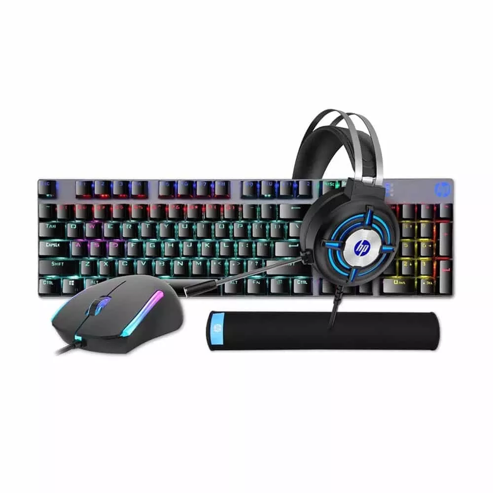 HP GM-3000 (2) HP Professional Gaming Combo. Includes a mechanical keyboard, gaming mouse, headset, and LED lights for an immersive experience