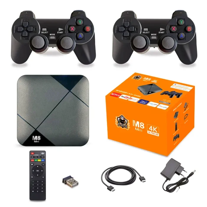 "M8 Mini Game Player & Android TV Box with 4K streaming, Android OS, and Bluetooth for immersive entertainment."
