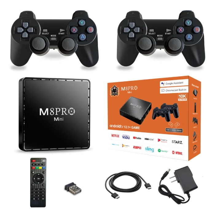 "M8 Pro Mini Game & Android TV Box with 4K streaming, Android OS, and Bluetooth for enhanced entertainment."