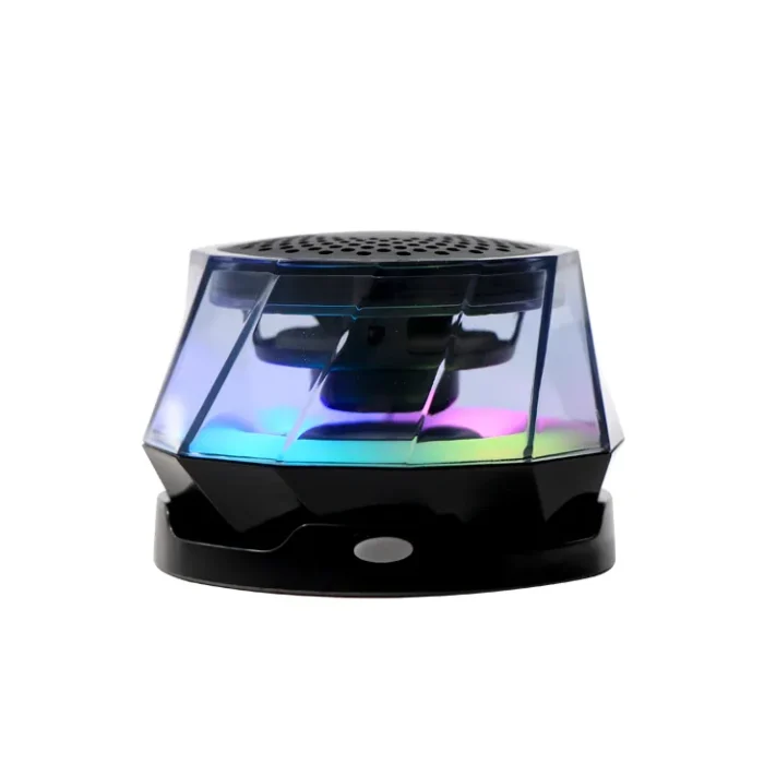 Kisonli Q6F Mini Magnetic Speaker with 5W power, Bluetooth, 400mAh battery, 90 mins playtime, RGB lights, and compact design. Available in 4 colors.