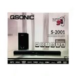 QSONIC S-2001 Soundbar Speaker with 30W output, 5.25” subwoofer, Bluetooth, USB, AUX, FM radio, and remote control.