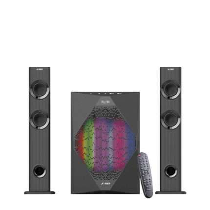 F&D T-300X 2.1 Computer Speaker with Bluetooth 5.0, 70W output, LED lights, FM radio, USB support, and remote control for superior sound.