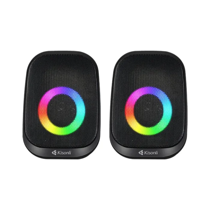 Kisonli X27 RGB Multifunctional USB Speaker with 3W x 2 power, 20Hz-20kHz frequency, MIC jack, RGB lights, and stereo output.