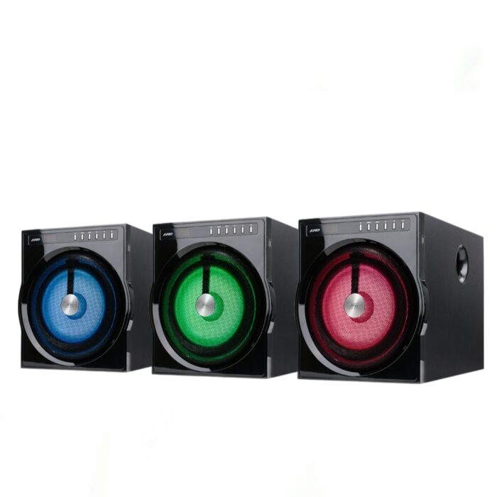 "F&D F6000X 5.1 Bluetooth Speaker with 8-inch subwoofer, 3-inch satellite drivers, multi-color LED, Bluetooth 4.2, and FM radio support."