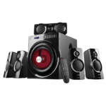 "F&D F6000X 5.1 Bluetooth Speaker with 8-inch subwoofer, 3-inch satellite drivers, multi-color LED, Bluetooth 4.2, and FM radio support."