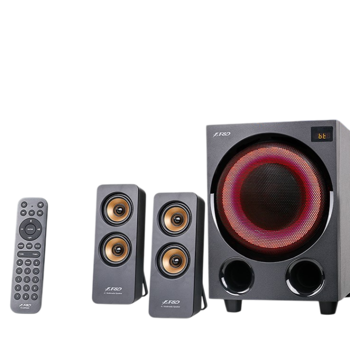 F&D F7700X 4.1 Bluetooth Multimedia Speaker with LED display, 80W output, FM radio, and Bluetooth 5.0 for powerful sound.