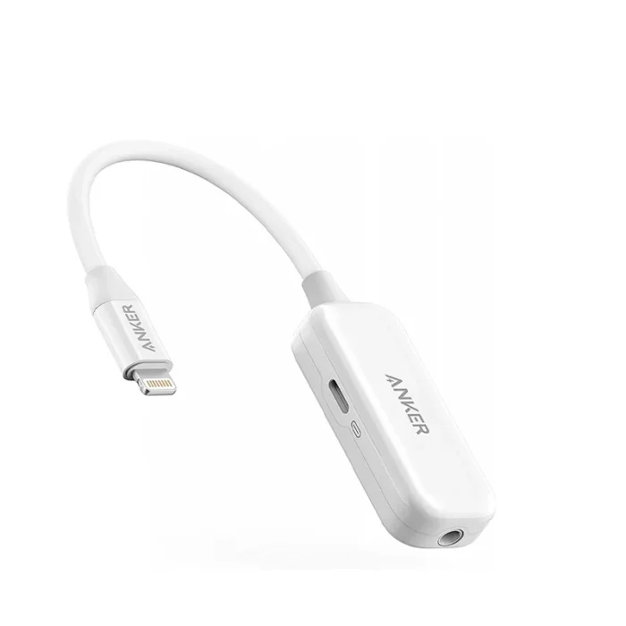 Anker 2-in-1 Audio & Lightning Charging Adapter for iPhone and iPad, enabling simultaneous audio listening via 3.5mm jack and charging through Lightning port.