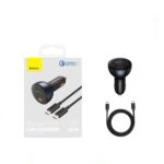 Baseus 160W Car Charger with Qualcomm Quick Charge 5, dual Type-C and USB ports, fast charging with blue LED ambient light.