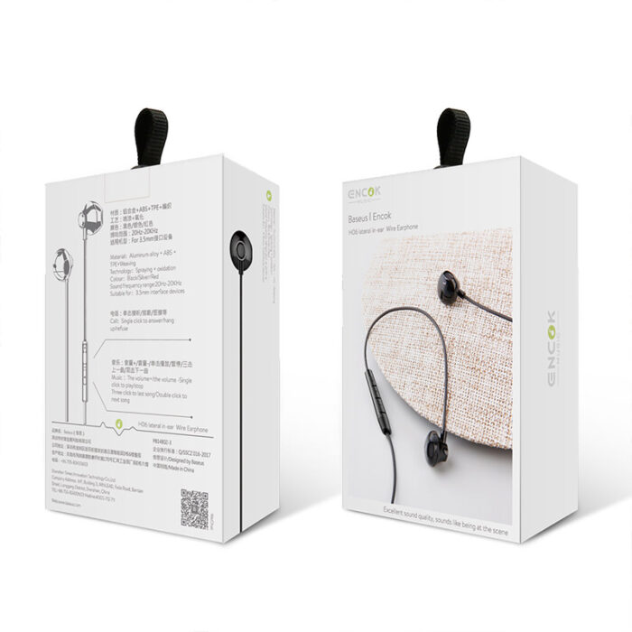 Baseus Encok H06 Handsfree earphones with 3.5mm gold-plated plug, built-in mic, and durable TPE cable for clear sound and hands-free calls.
