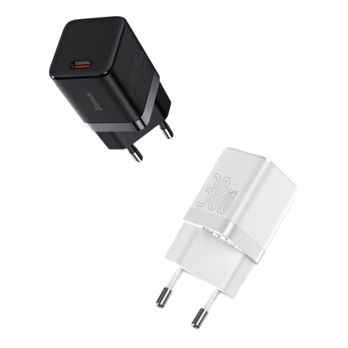 Baseus GaN3 30W Type C Charger, compact and fast charging solution for iPhone, iPad, Android devices, and more with GaN technology and safety features.