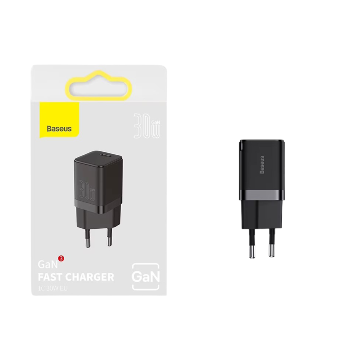 Baseus GaN3 30W Type C Charger, compact and fast charging solution for iPhone, iPad, Android devices, and more with GaN technology and safety features.