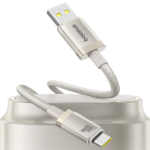 Baseus Lightning to USB Cable with zinc alloy connectors, nylon braided wire, PD 20W/18W fast charging, and 480Mbps data transfer in black, white, and green.
