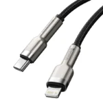 Baseus Type-C to Lightning Cable with zinc alloy connectors, nylon braided wire, PD 20W/18W fast charging, and 480Mbps data transfer in black, white, and green.