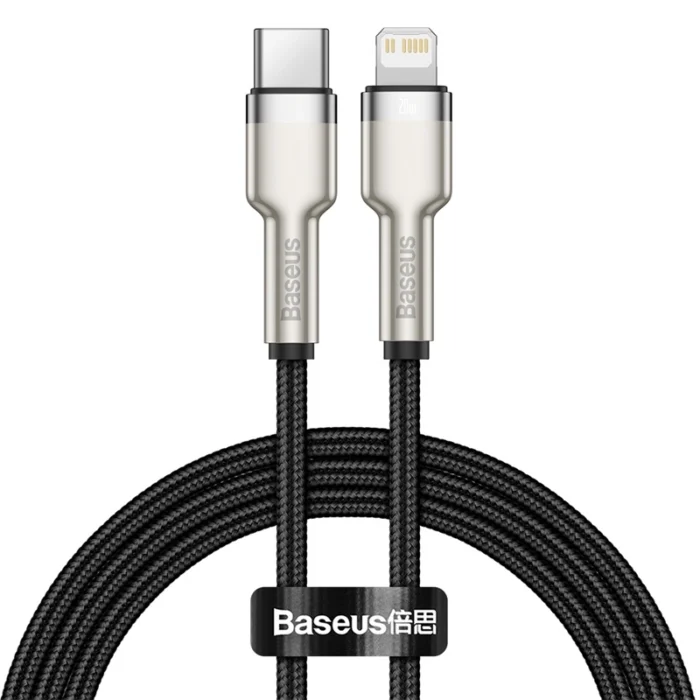 Baseus Type-C to Lightning Cable with zinc alloy connectors, nylon braided wire, PD 20W/18W fast charging, and 480Mbps data transfer in black, white, and green.
