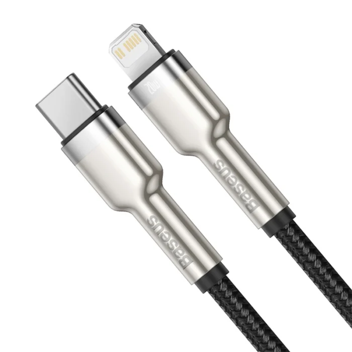 Baseus Type-C to Lightning Cable with zinc alloy connectors, nylon braided wire, PD 20W/18W fast charging, and 480Mbps data transfer in black, white, and green.