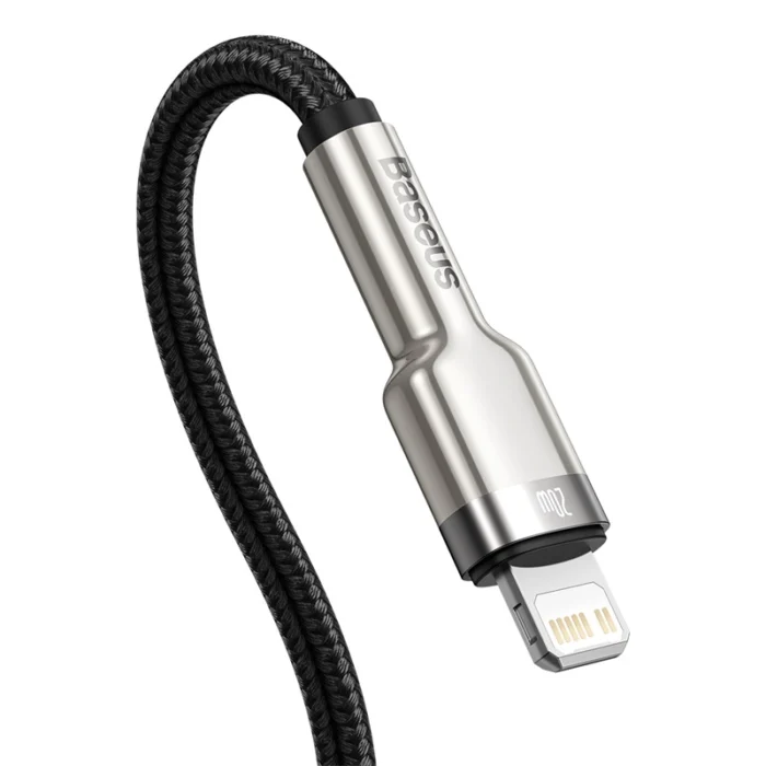 Baseus Type-C to Lightning Cable with zinc alloy connectors, nylon braided wire, PD 20W/18W fast charging, and 480Mbps data transfer in black, white, and green.