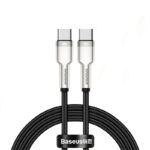 Baseus Type-C to Type-C Cable with zinc alloy connectors, nylon braided wire, 100W fast charging, and 480Mbps data transfer in black, green, and white colors.